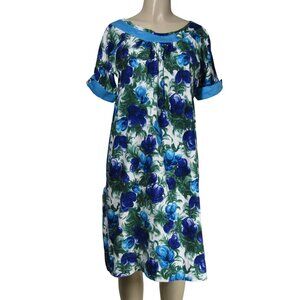VTG 60s 70s HAWAIIAN Floral Tropical Polynesian Flowy Retro Blue Dress M L